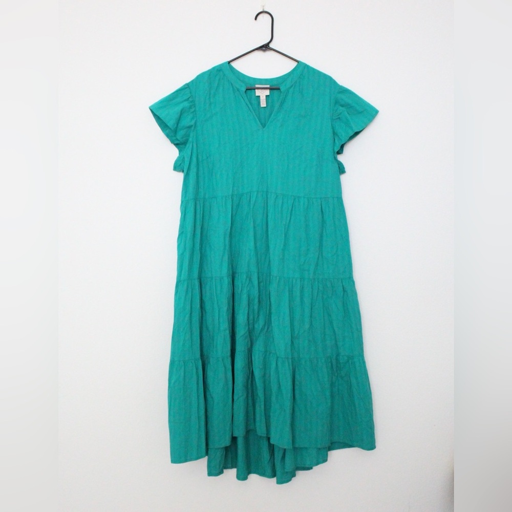 St. John’s Bay Boho Capped Sleeve Babydoll Tiered Green Dress